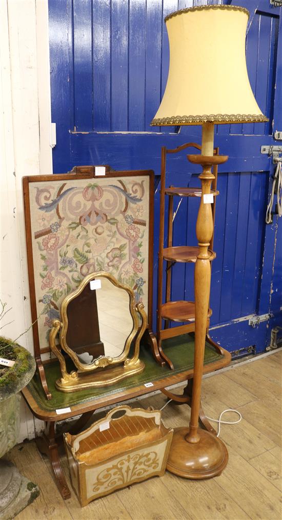 A gilt toilet mirror, a magazine rack, a cake stand, a standard lamp, a coffee table and a fire screen table W.91cm